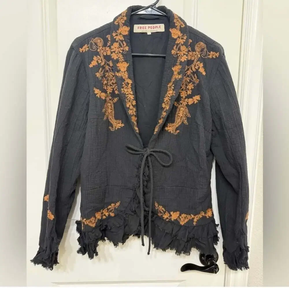 Free People Willow Bed Embroidered Ruffle Hem Jacket in Black
